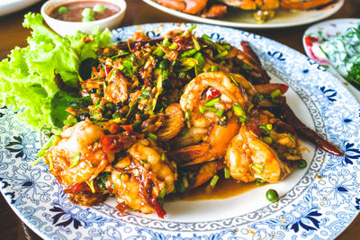 High angle view of food in plate on table