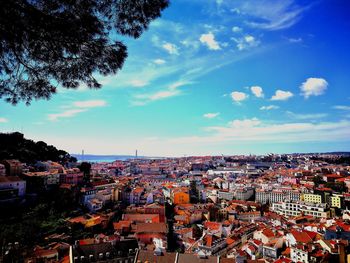 High angle shot of townscape against sky