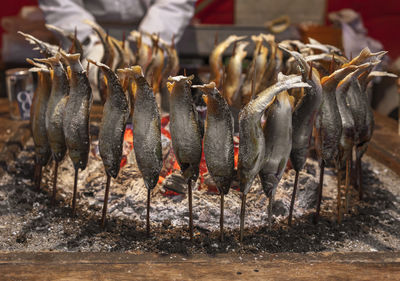 Japanese ayu fish skewers also called sweetfish grilled with salt