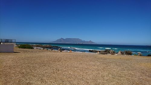 Scenic view of beach against clear blue sky