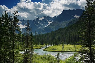 Scenic view of lake and mountains against sky