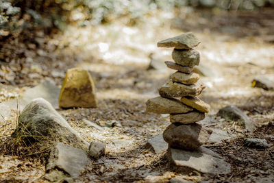 Stack of stones on field