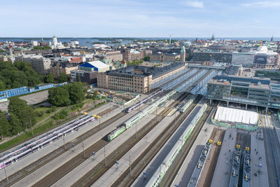 Helsinki train station, finland. drone point of view.