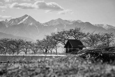 House on field by trees against sky