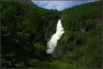 Scenic view of waterfall in forest against sky