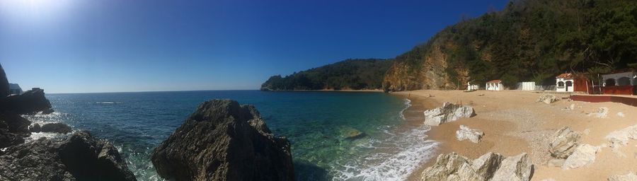 Panoramic view of sea against clear blue sky