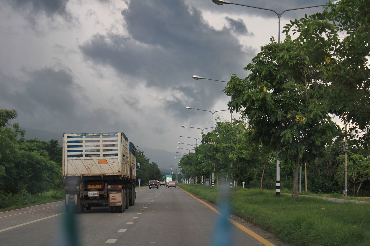 ROAD AMIDST TREES AND CITY AGAINST SKY