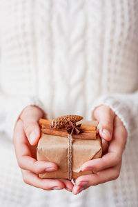 Woman in knitted sweater holding present in craft paper with vanilla pods, fir cone, anise. new year