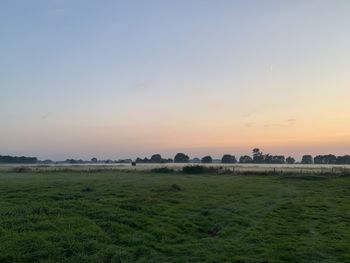 Scenic view of field against sky during sunset