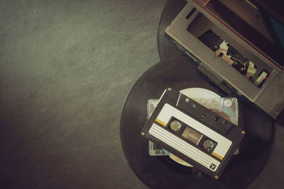 High angle view of old machinery on table