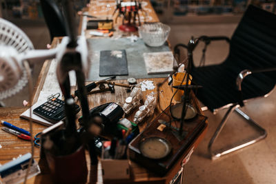 High angle view of messy table