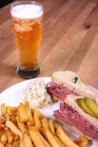 Close-up of beer in glass on table