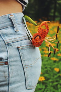 Midsection of woman with flower in jeans pocket