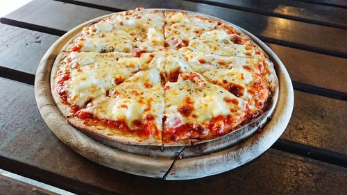 High angle view of pizza on table