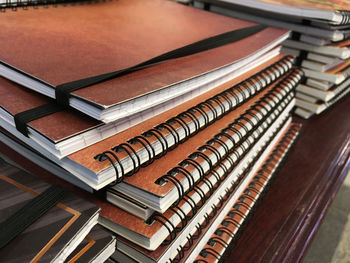 Close-up of book stack on table