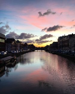 Reflection of buildings in river at sunset