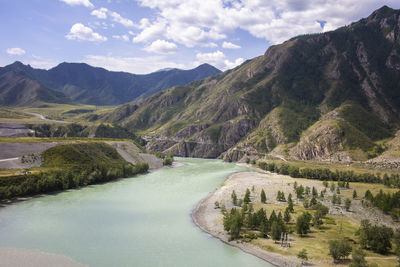 Scenic view of lake and mountains against sky