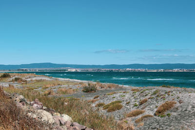 Scenic view of beach against blue sky