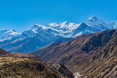 Scenic view of snowcapped mountains against blue sky