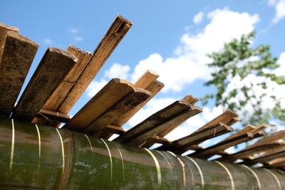 Low angle view of metallic structure against blue sky