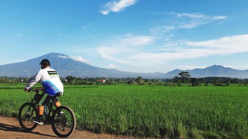 Rear view of man riding motorcycle on field against sky