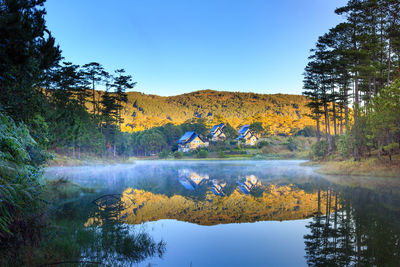 Scenic view of lake by mountain against sky