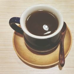 Directly above shot of coffee cup on wooden table