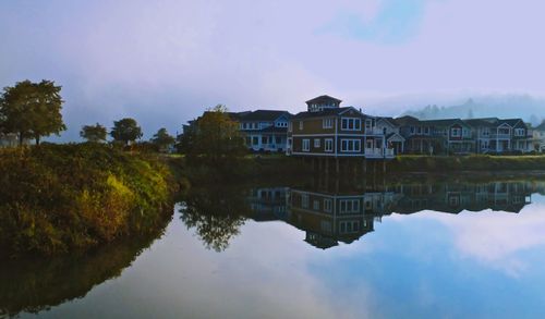 Scenic view of lake by buildings against sky