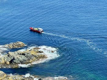High angle view of ship in sea