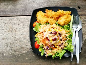 High angle view of food in plate on table