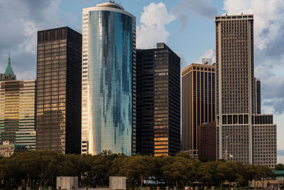 Low angle view of buildings against sky in city