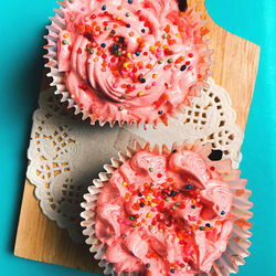 High angle view of cupcakes on table