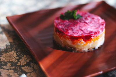 Close-up of dessert in plate on table