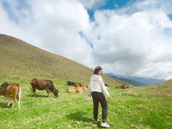 Woman standing in grass field with cow