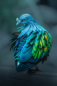 Close-up view of a nicobar pigeon perched on wood - caloenas nicobarica