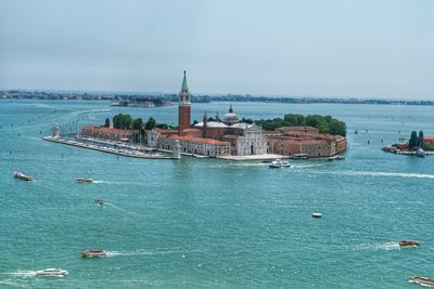 High angle view of boats in sea