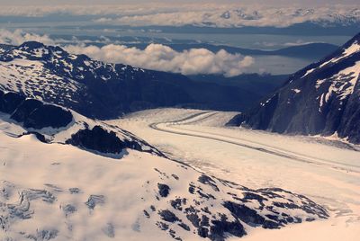 Scenic view of snow covered mountains against sky