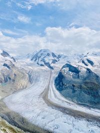 Aerial view of snowcapped mountains against sky