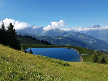 Scenic view of lake and mountains against sky