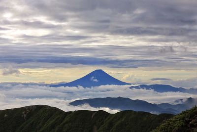 Scenic view of mountains against cloudy sky