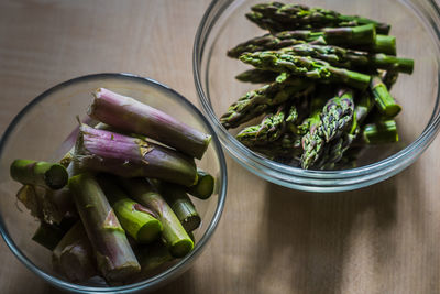 High angle view of chopped vegetables in bowl on table