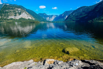 Scenic view of lake with mountains in background