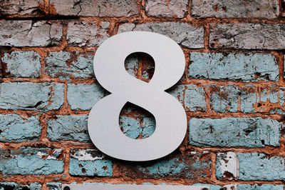 Number 8 mounted on brick wall