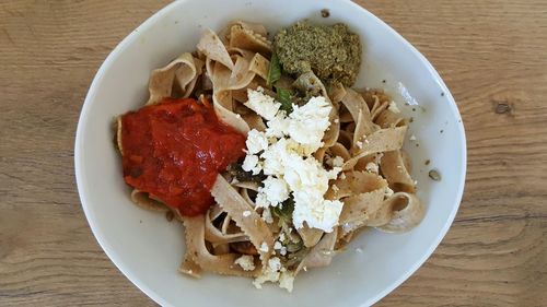 High angle view of food in bowl on table