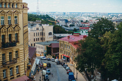 High angle view of street amidst buildings in town