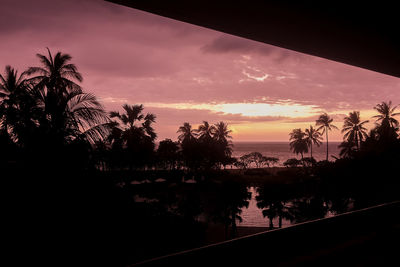 Silhouette trees by swimming pool against sky during sunset