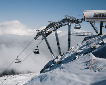 Overhead cable car against sky during winter