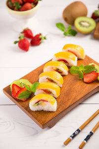 High angle view of fruits served on table