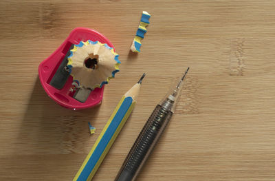 High angle view of multi colored pencils on table