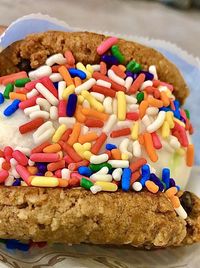 High angle view of multi colored cake on table